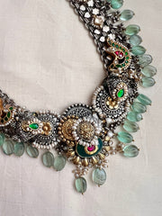 Kundan fusion necklace with peacock & ruby inlay work on emeralds & jade beads-Silver Neckpiece-CI-House of Taamara