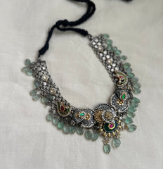 Kundan fusion necklace with peacock & ruby inlay work on emeralds & jade beads-Silver Neckpiece-CI-House of Taamara