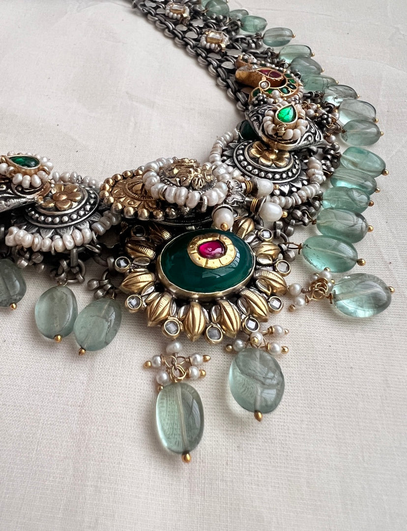 Kundan fusion necklace with peacock & ruby inlay work on emeralds & jade beads-Silver Neckpiece-CI-House of Taamara