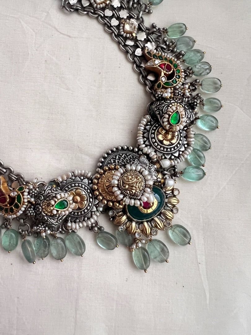 Kundan fusion necklace with peacock & ruby inlay work on emeralds & jade beads-Silver Neckpiece-CI-House of Taamara