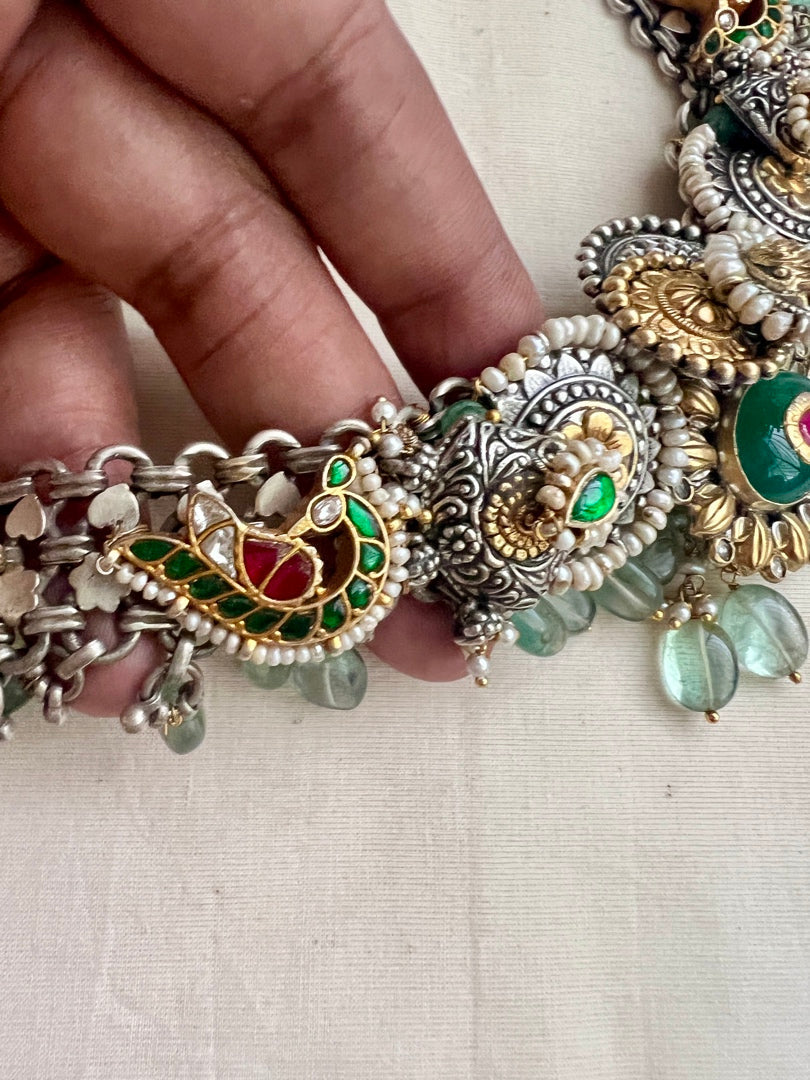 Kundan fusion necklace with peacock & ruby inlay work on emeralds & jade beads-Silver Neckpiece-CI-House of Taamara