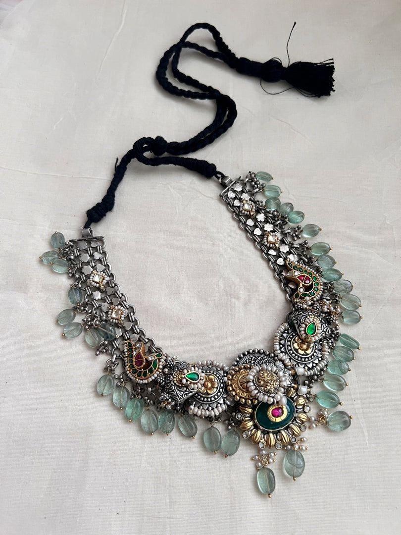 Kundan fusion necklace with peacock & ruby inlay work on emeralds & jade beads-Silver Neckpiece-CI-House of Taamara