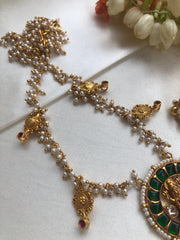 Kundan & green Lakshmi round pendant with pearls bunch chain, SET-Silver Neckpiece-PL-House of Taamara