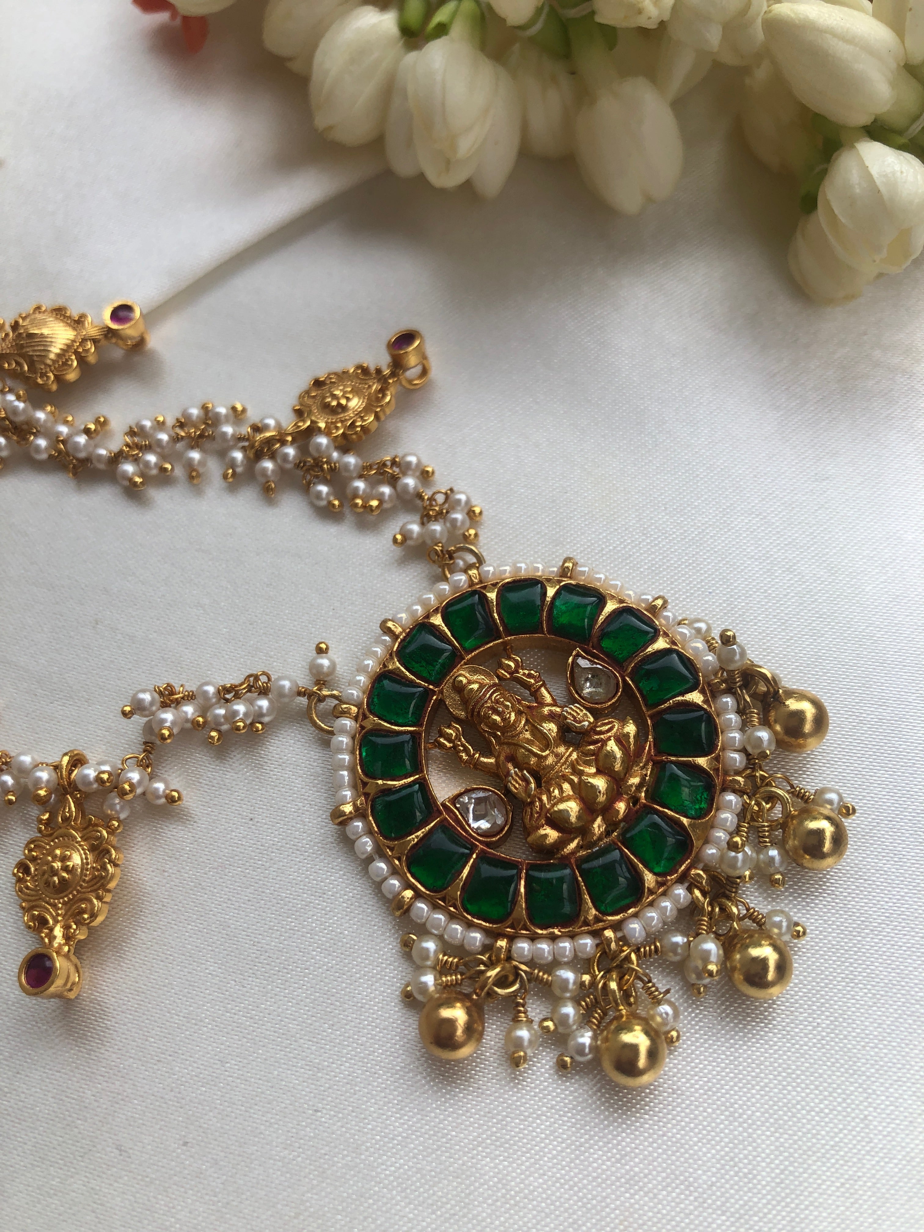 Kundan & green Lakshmi round pendant with pearls bunch chain, SET-Silver Neckpiece-PL-House of Taamara
