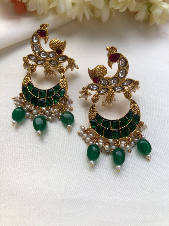 Kundan green and ruby peacock chand style earrings-Earrings-PL-House of Taamara