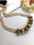 Kundan green beads with antique polish flower beads & pearls necklace-Silver Neckpiece-PL-House of Taamara