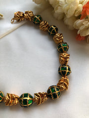 Kundan green beads with antique style flower beads-Silver Neckpiece-PL-House of Taamara