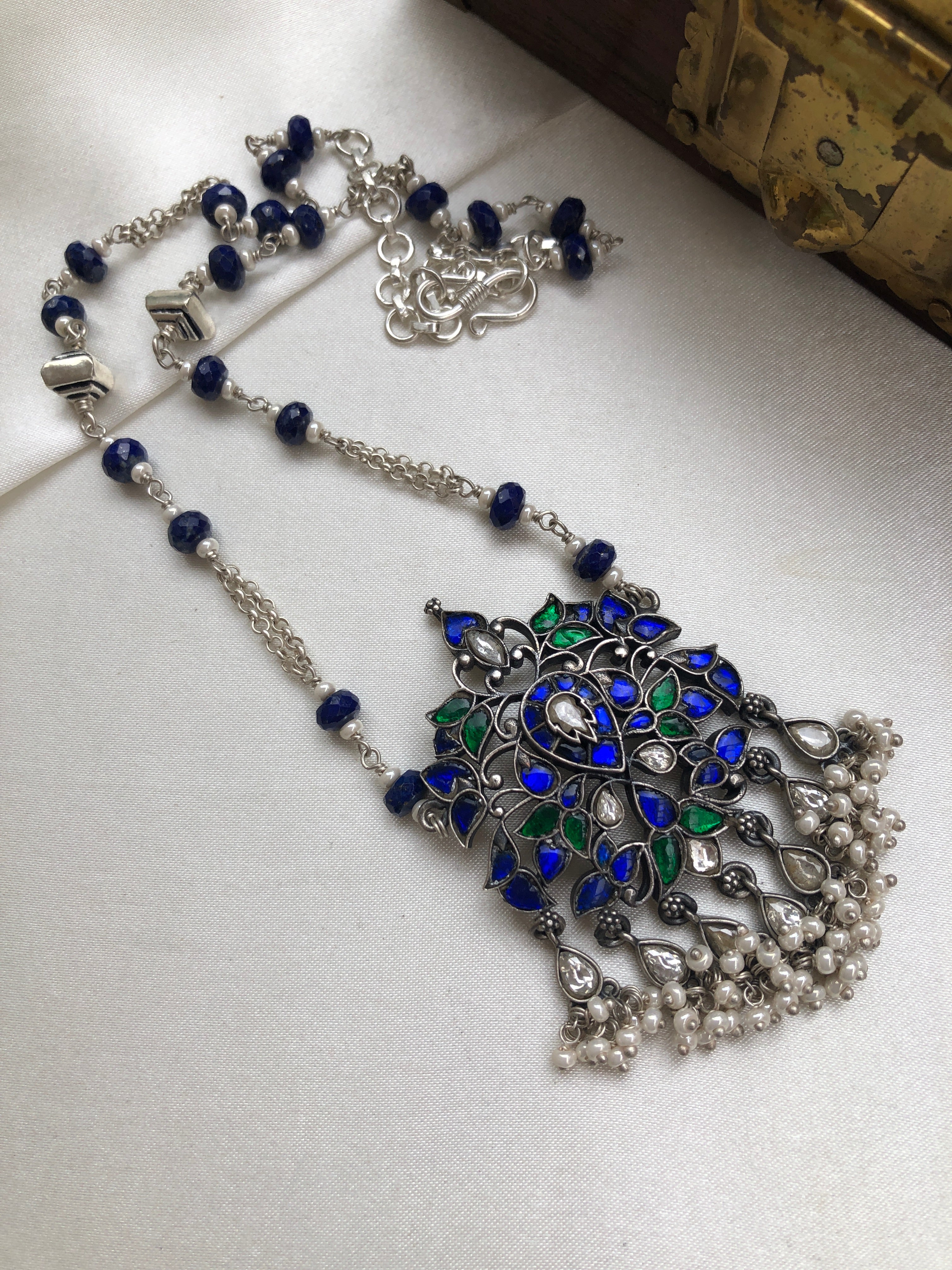 Kundan green & blue pendant with blue lapis beads with silver chain-Silver Neckpiece-PL-House of Taamara