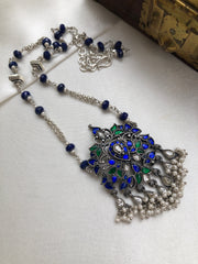 Kundan green & blue pendant with blue lapis beads with silver chain-Silver Neckpiece-PL-House of Taamara