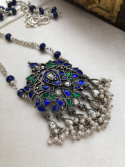 Kundan green & blue pendant with blue lapis beads with silver chain-Silver Neckpiece-PL-House of Taamara