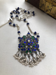 Kundan green & blue pendant with blue lapis beads with silver chain-Silver Neckpiece-PL-House of Taamara