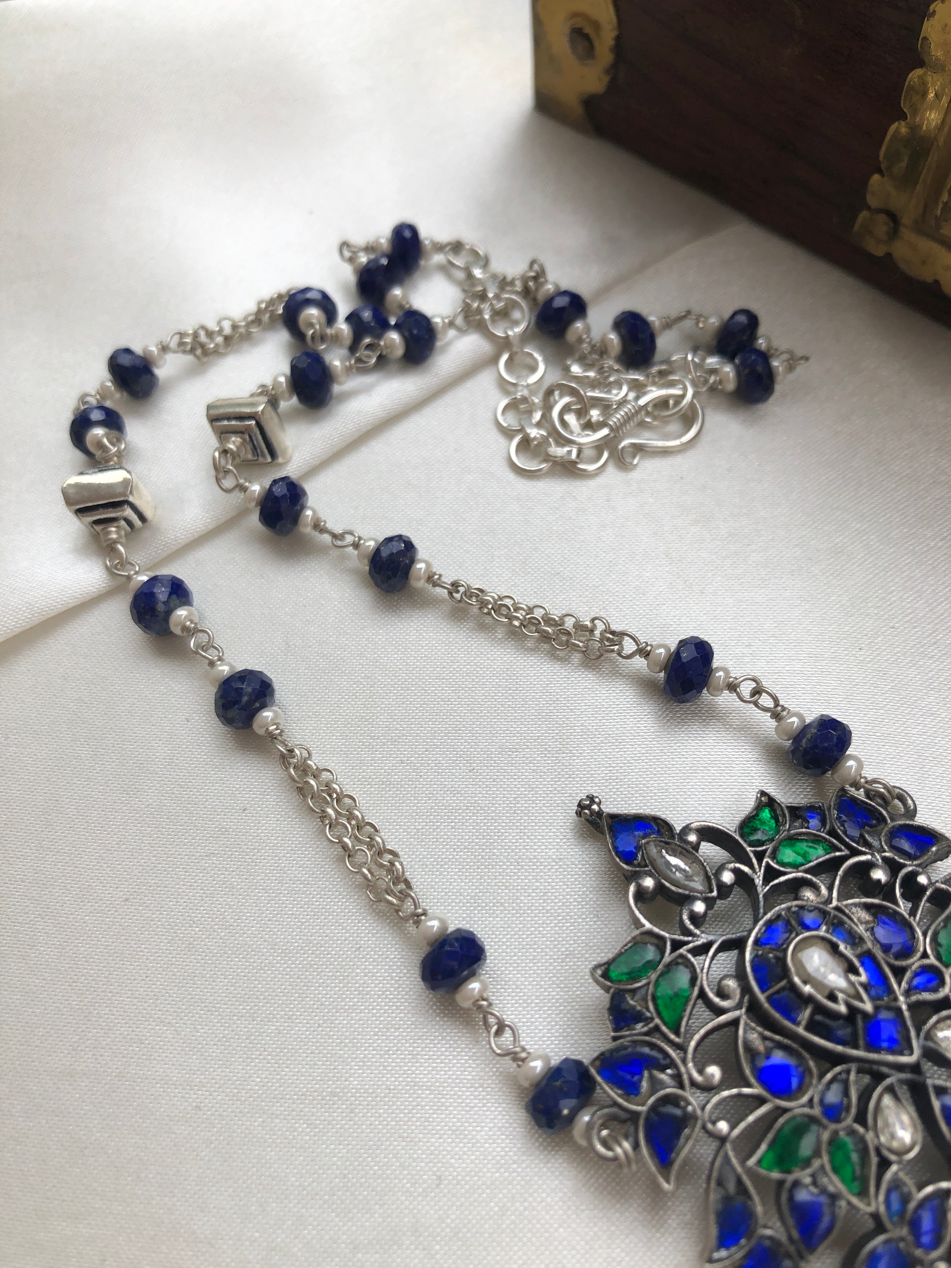 Kundan green & blue pendant with blue lapis beads with silver chain-Silver Neckpiece-PL-House of Taamara