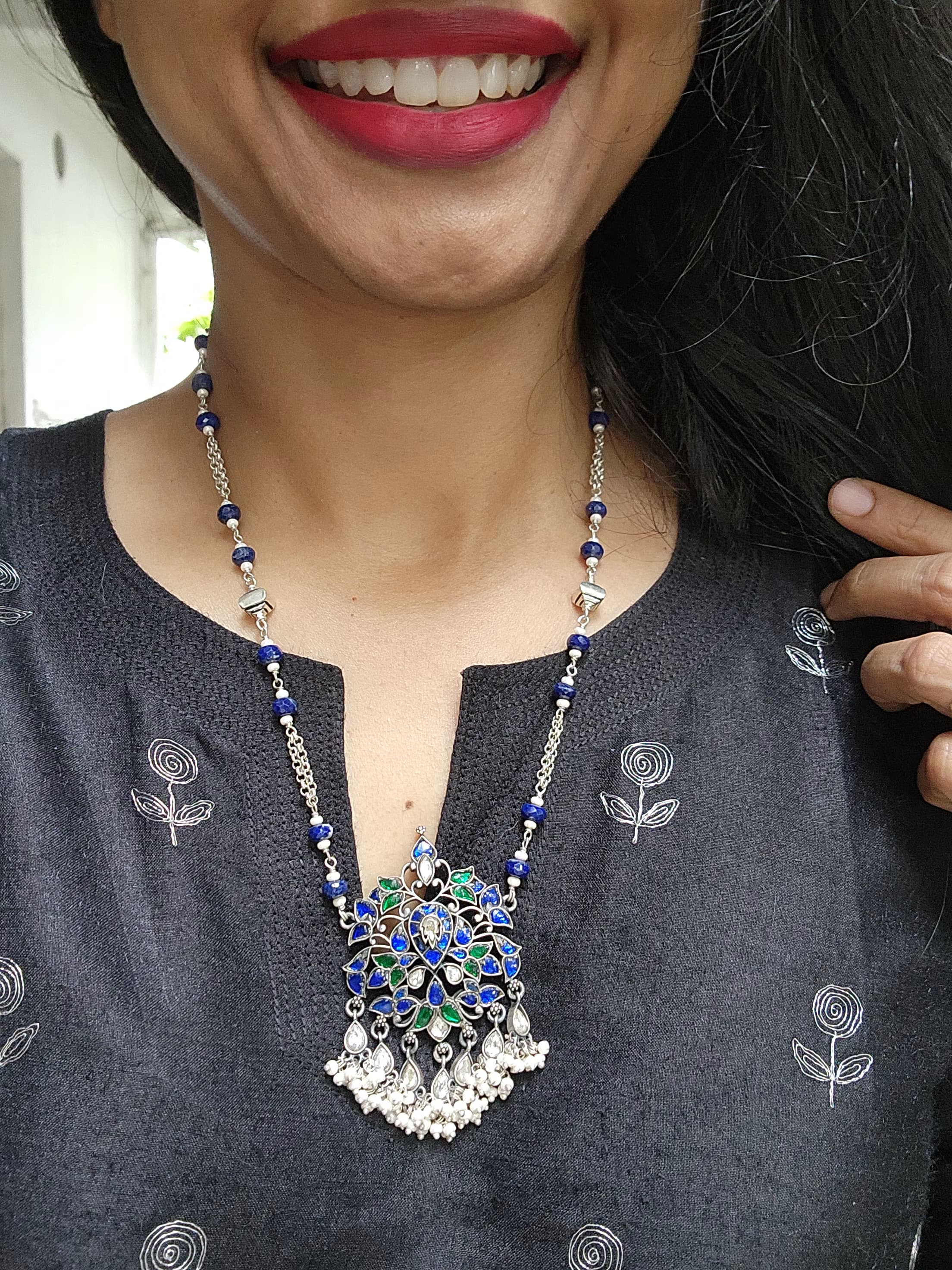 Kundan green & blue pendant with blue lapis beads with silver chain-Silver Neckpiece-PL-House of Taamara