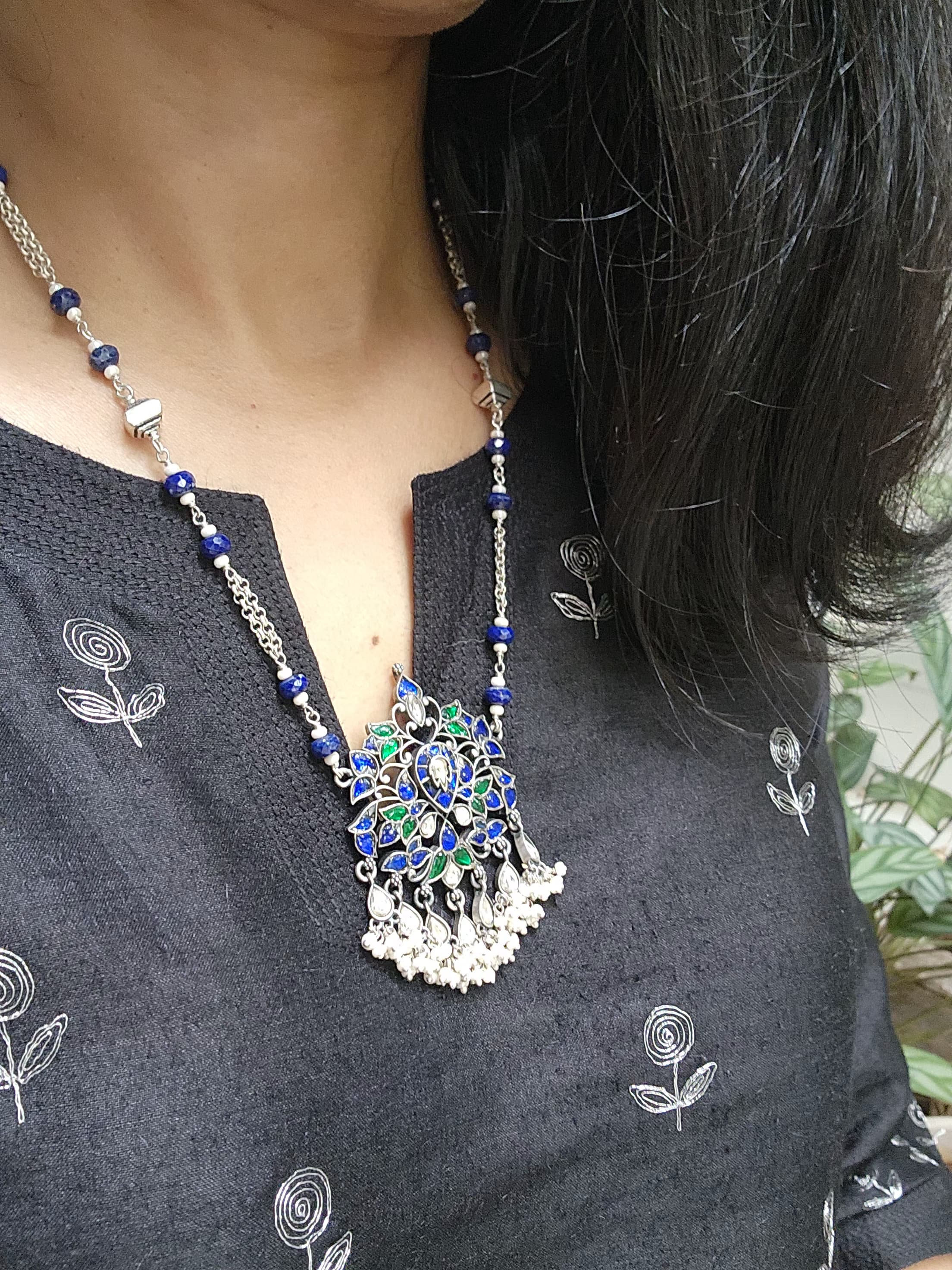 Kundan green & blue pendant with blue lapis beads with silver chain-Silver Neckpiece-PL-House of Taamara