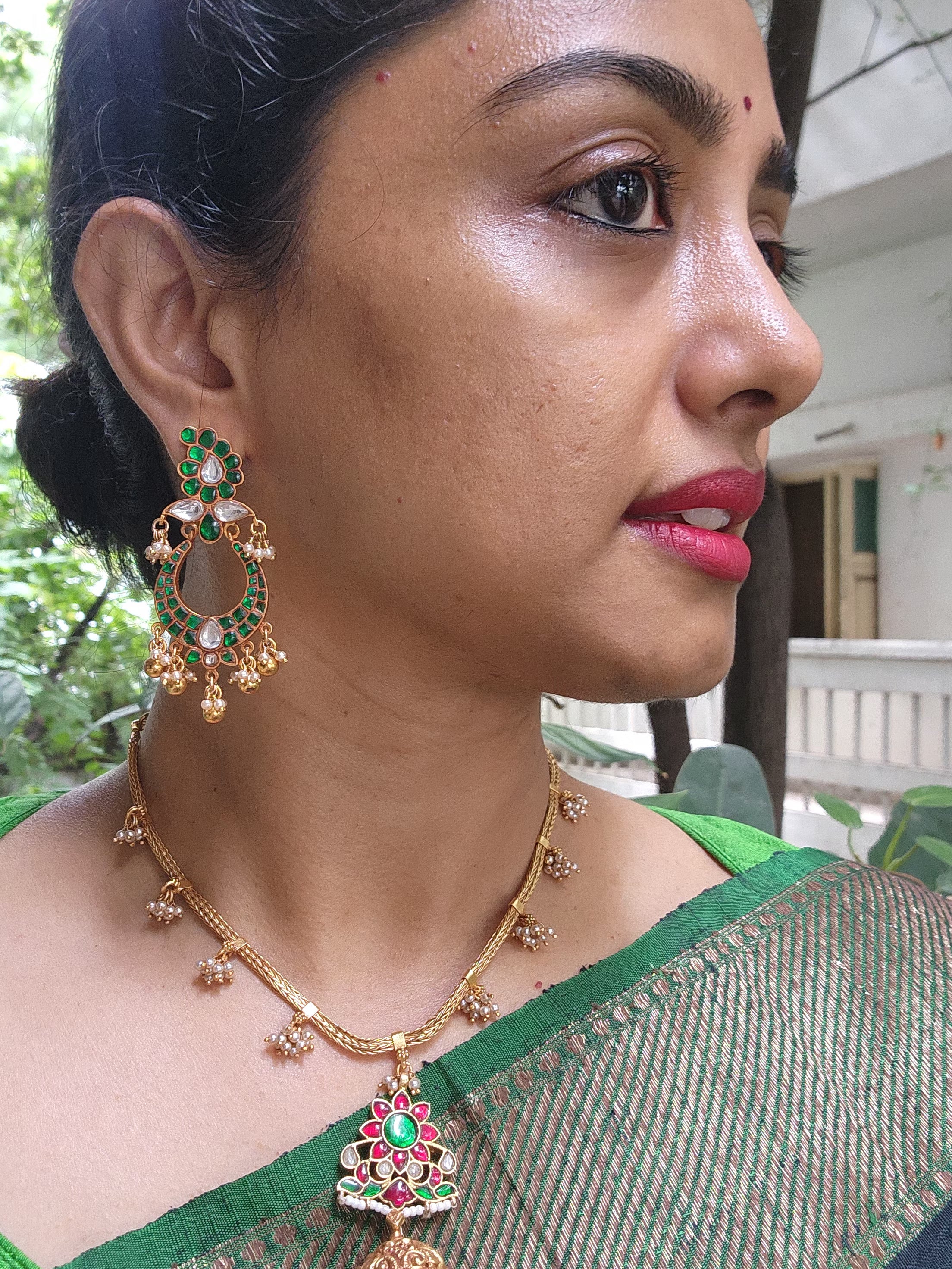 Kundan green earrings-Earrings-PL-House of Taamara