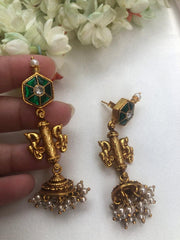 Kundan green earrings with pearl jhumkas-Earrings-PL-House of Taamara