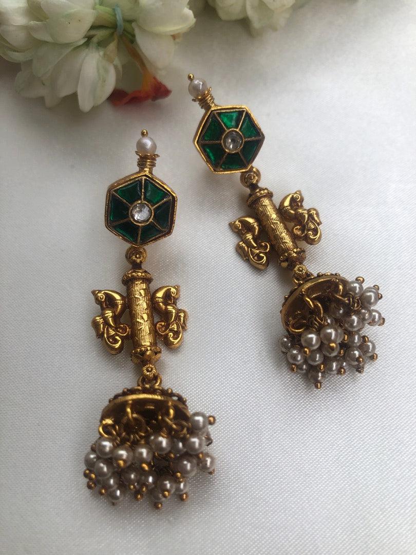 Kundan green earrings with pearl jhumkas-Earrings-PL-House of Taamara