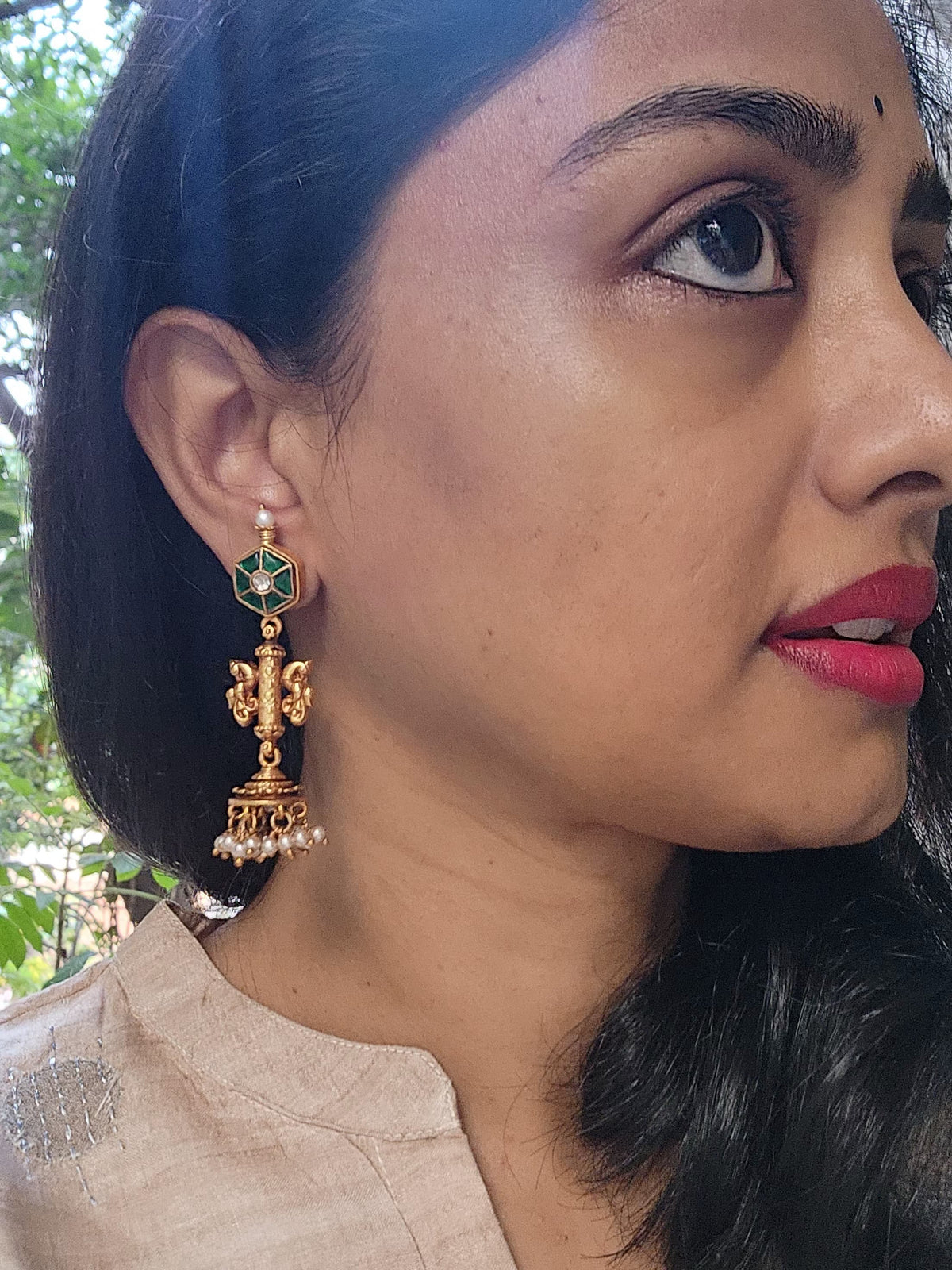 Kundan green earrings with pearl jhumkas-Earrings-PL-House of Taamara