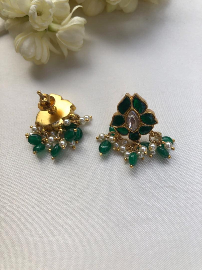 Kundan green earrings with pearls & green beads-Earrings-PL-House of Taamara