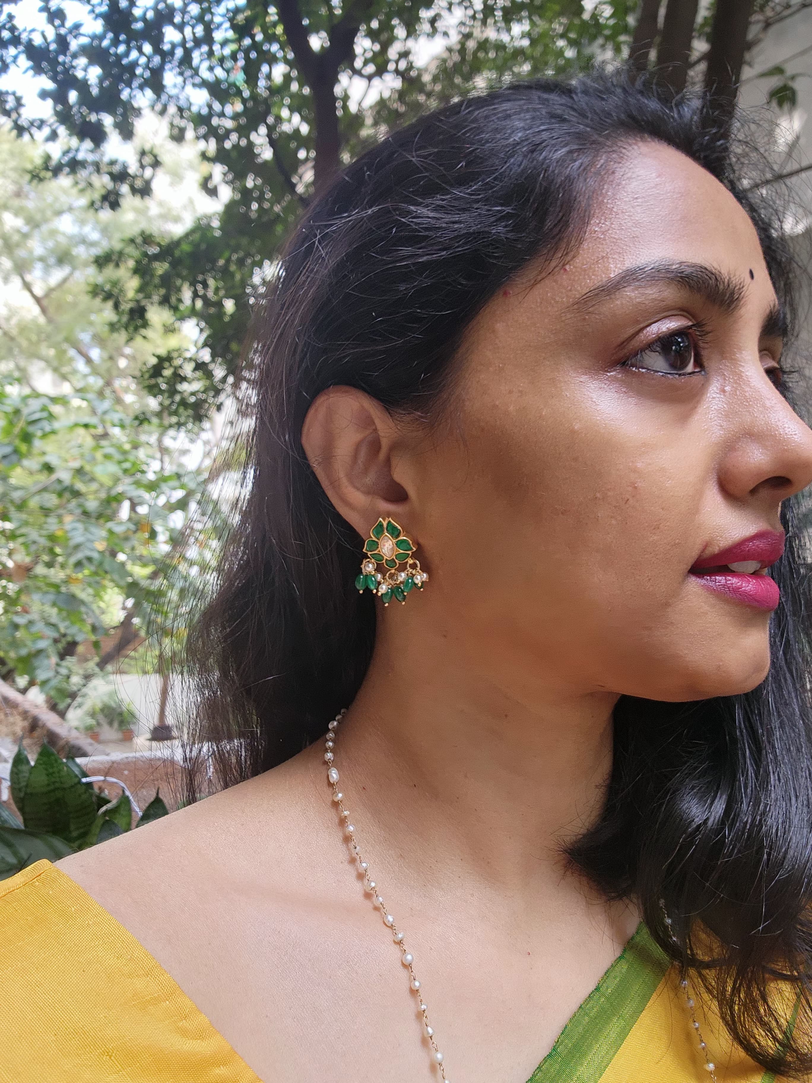 Kundan green earrings with pearls & green beads-Earrings-PL-House of Taamara