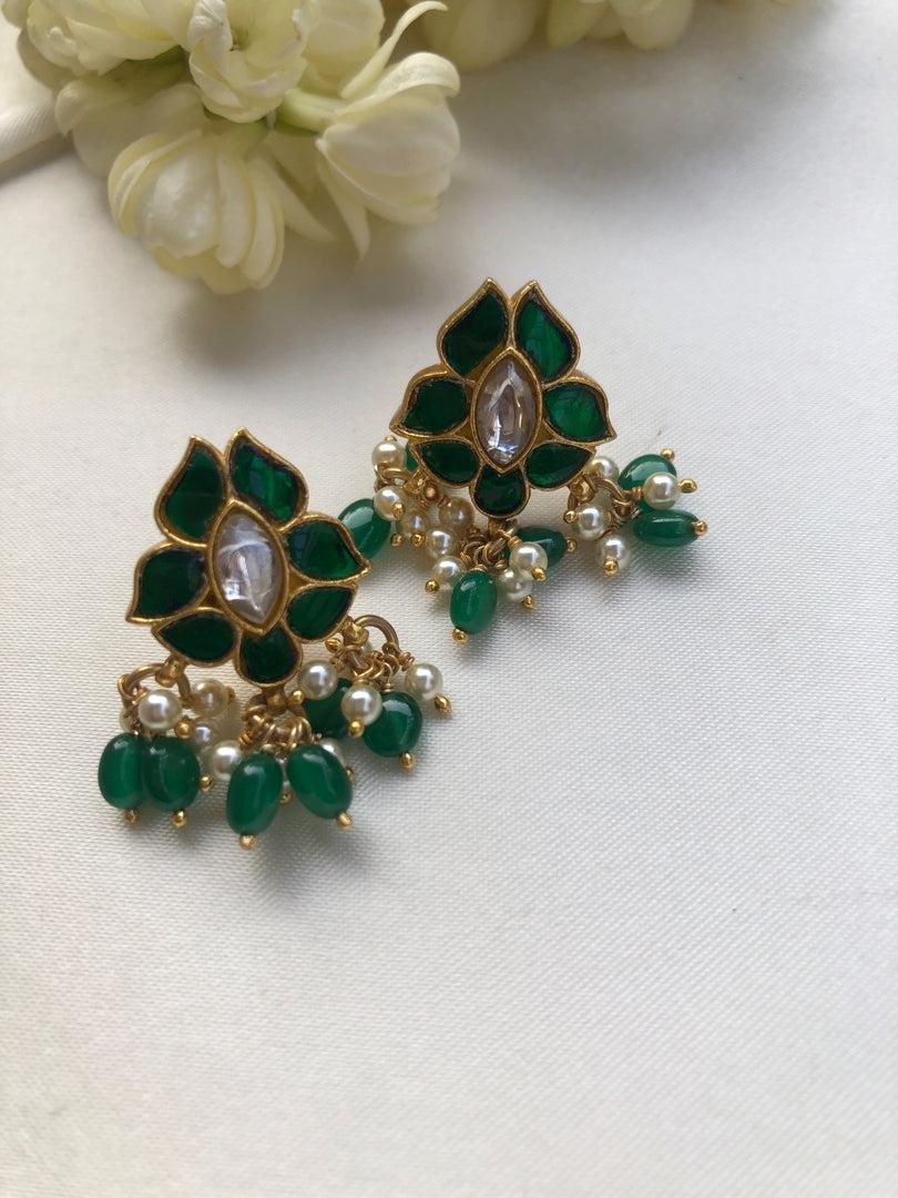 Kundan green earrings with pearls & green beads-Earrings-PL-House of Taamara