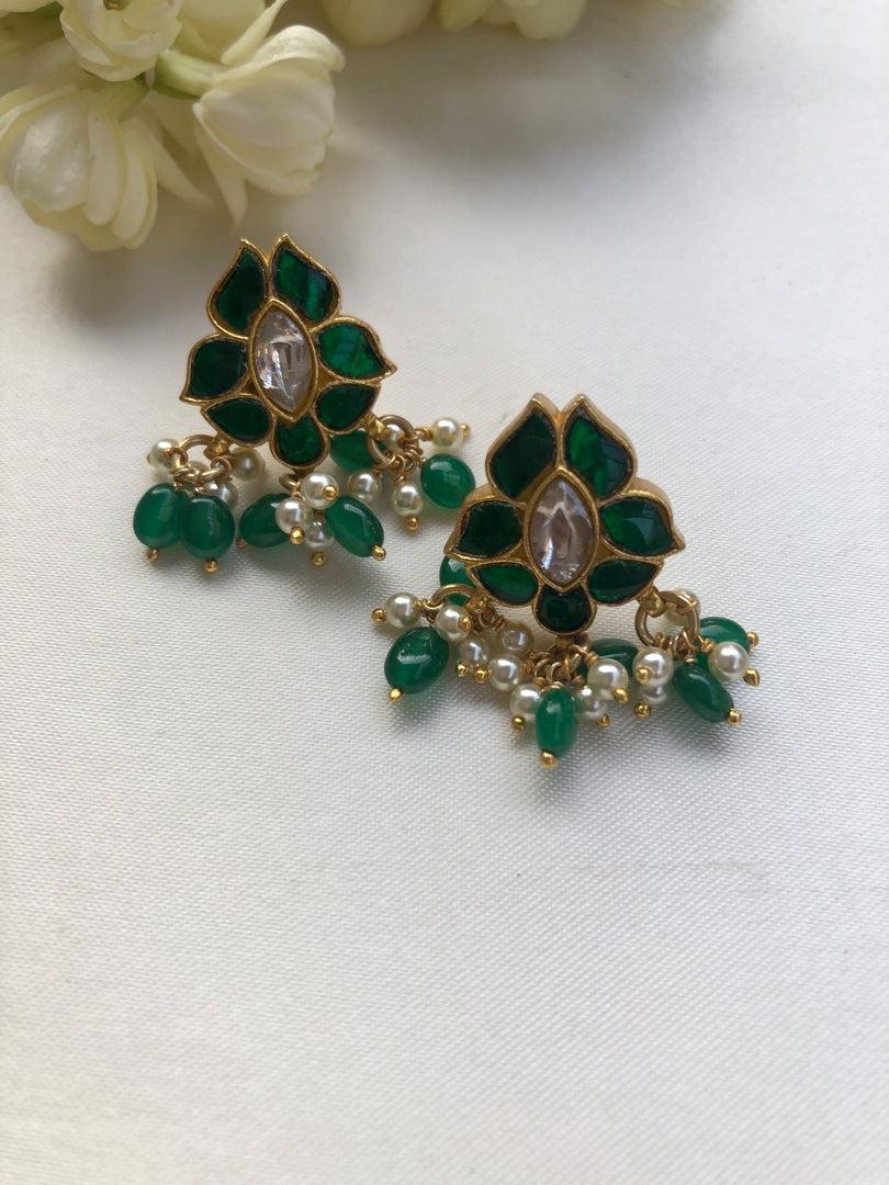 Kundan green earrings with pearls & green beads-Earrings-PL-House of Taamara