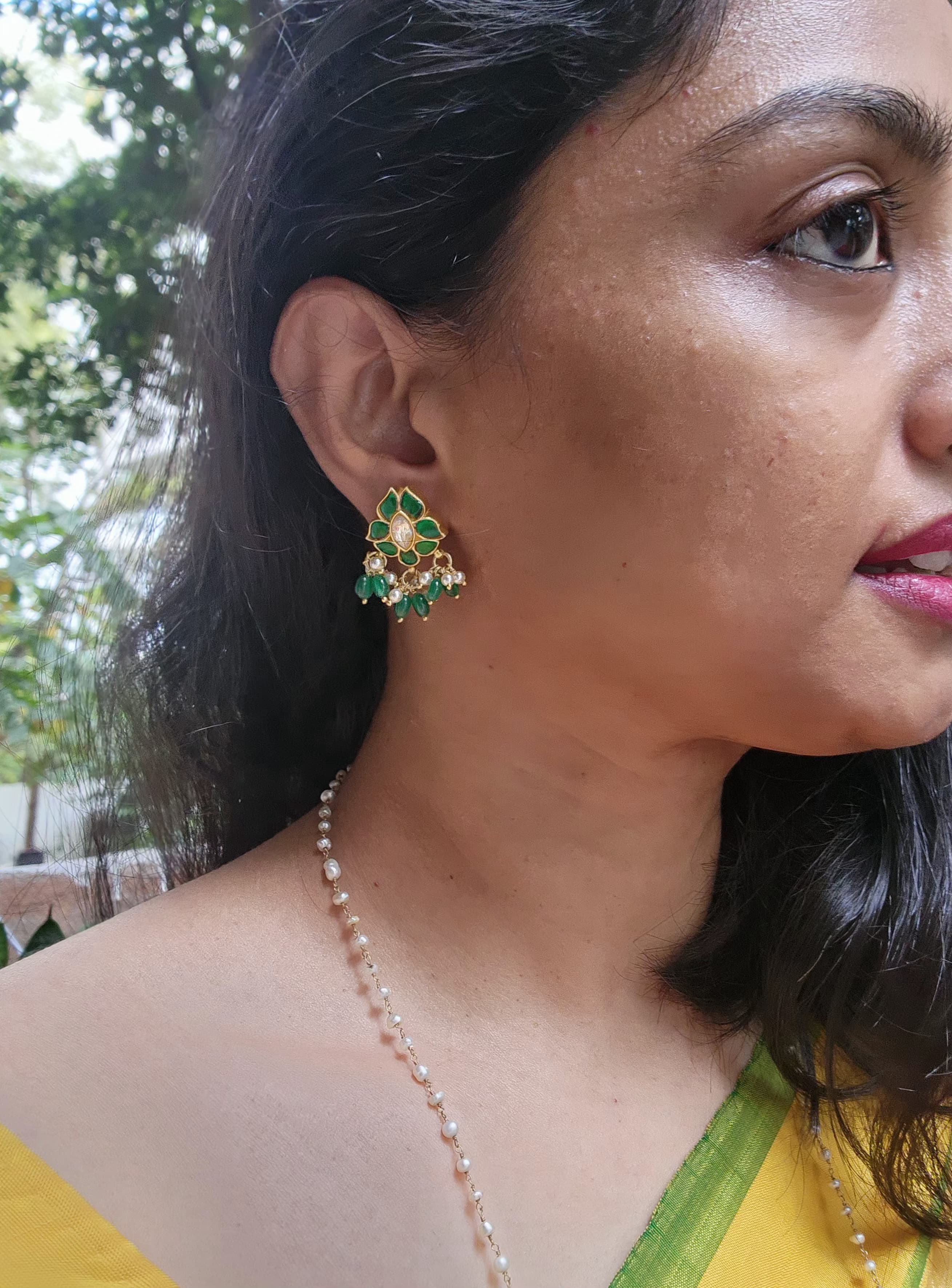 Kundan green earrings with pearls & green beads-Earrings-PL-House of Taamara