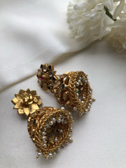 Kundan green jhumkas with pearls-Earrings-PL-House of Taamara