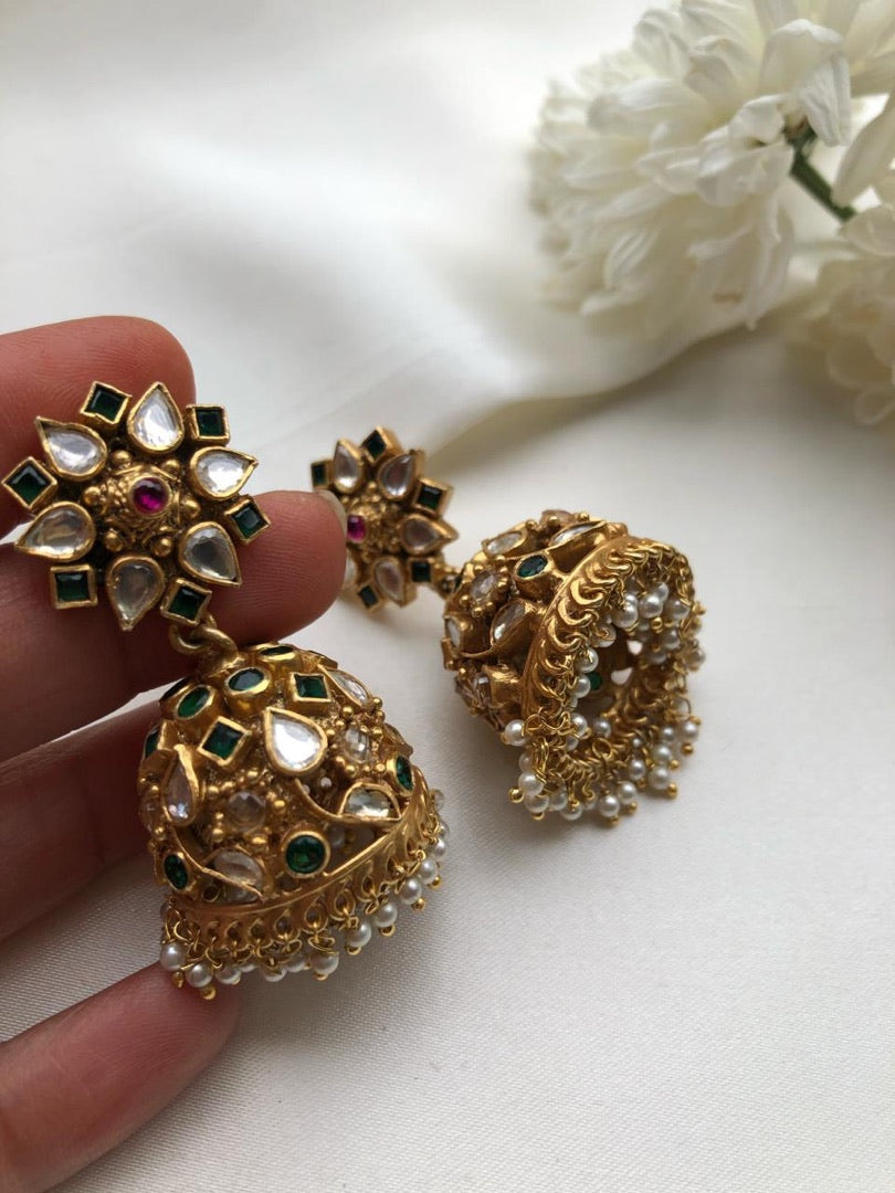 Kundan green jhumkas with pearls-Earrings-PL-House of Taamara