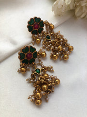 Kundan green long earrings with white kundan jhumkas-Earrings-PL-House of Taamara