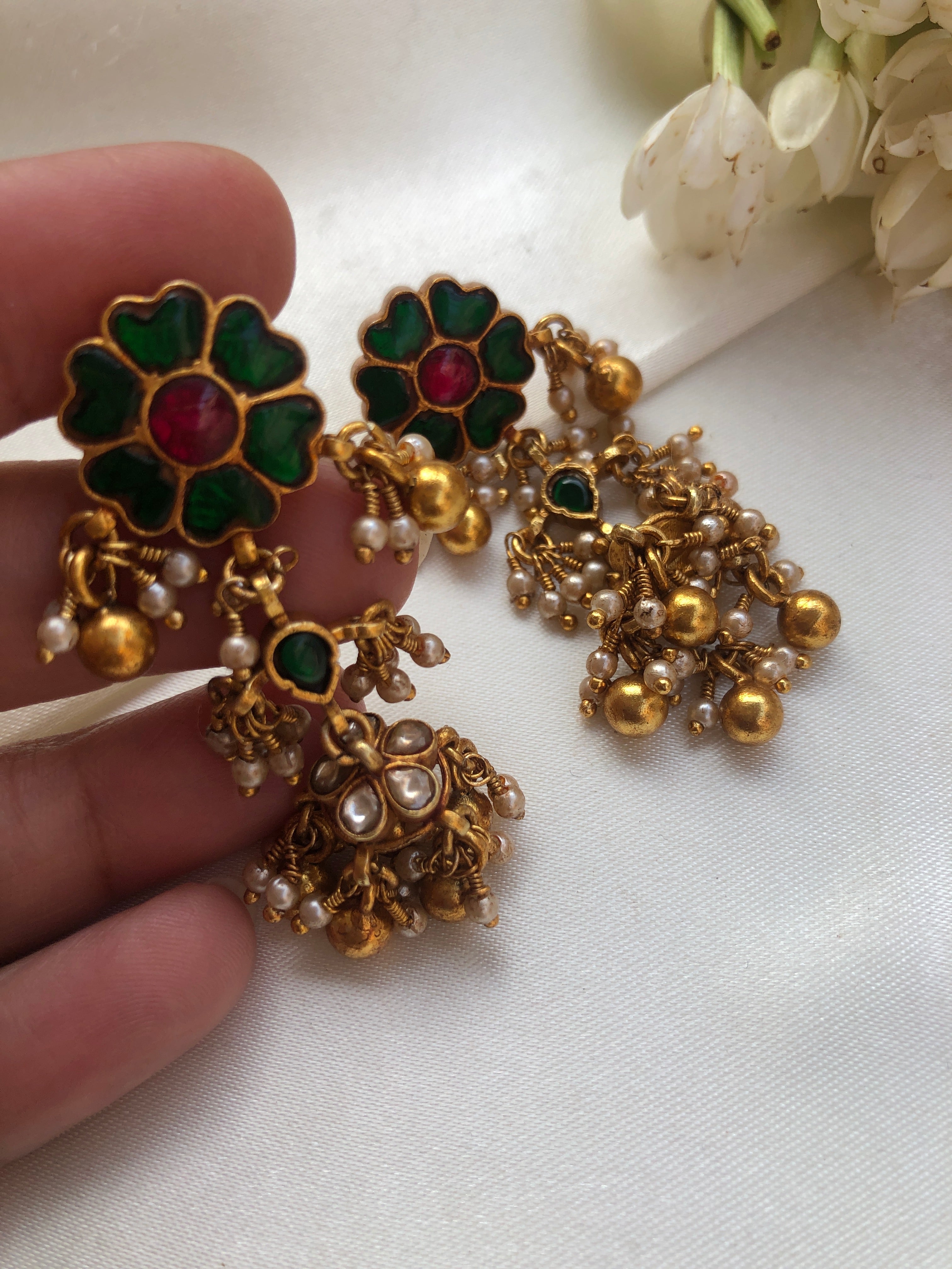 Kundan green long earrings with white kundan jhumkas-Earrings-PL-House of Taamara