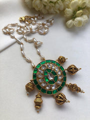 Kundan green pendant with rice pearls chain-Silver Neckpiece-PL-House of Taamara