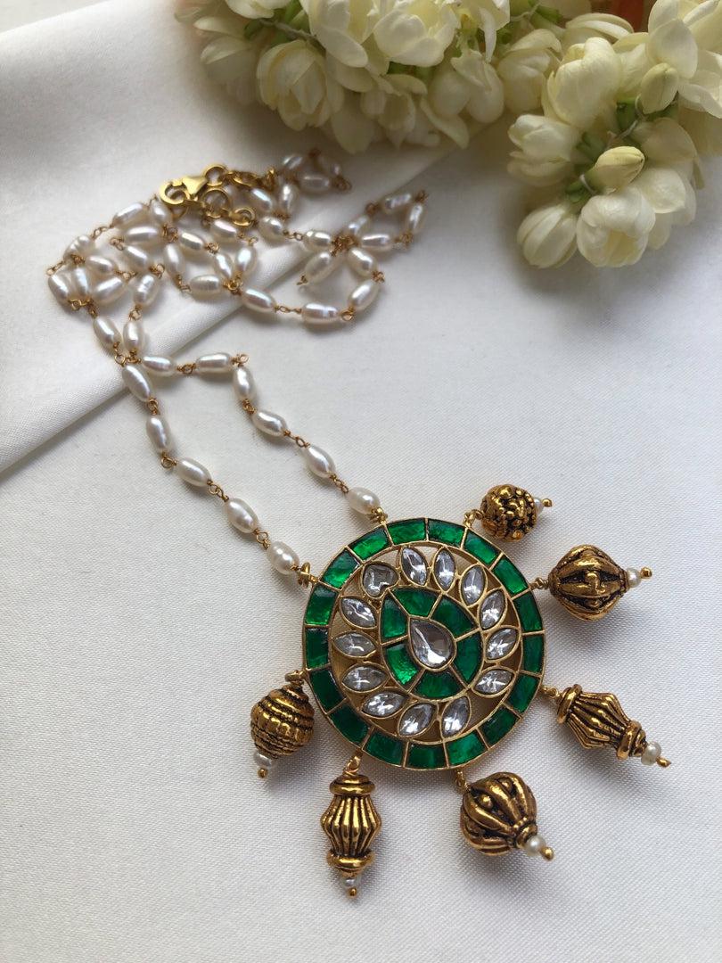 Kundan green pendant with rice pearls chain-Silver Neckpiece-PL-House of Taamara