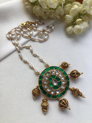 Kundan green pendant with rice pearls chain-Silver Neckpiece-PL-House of Taamara