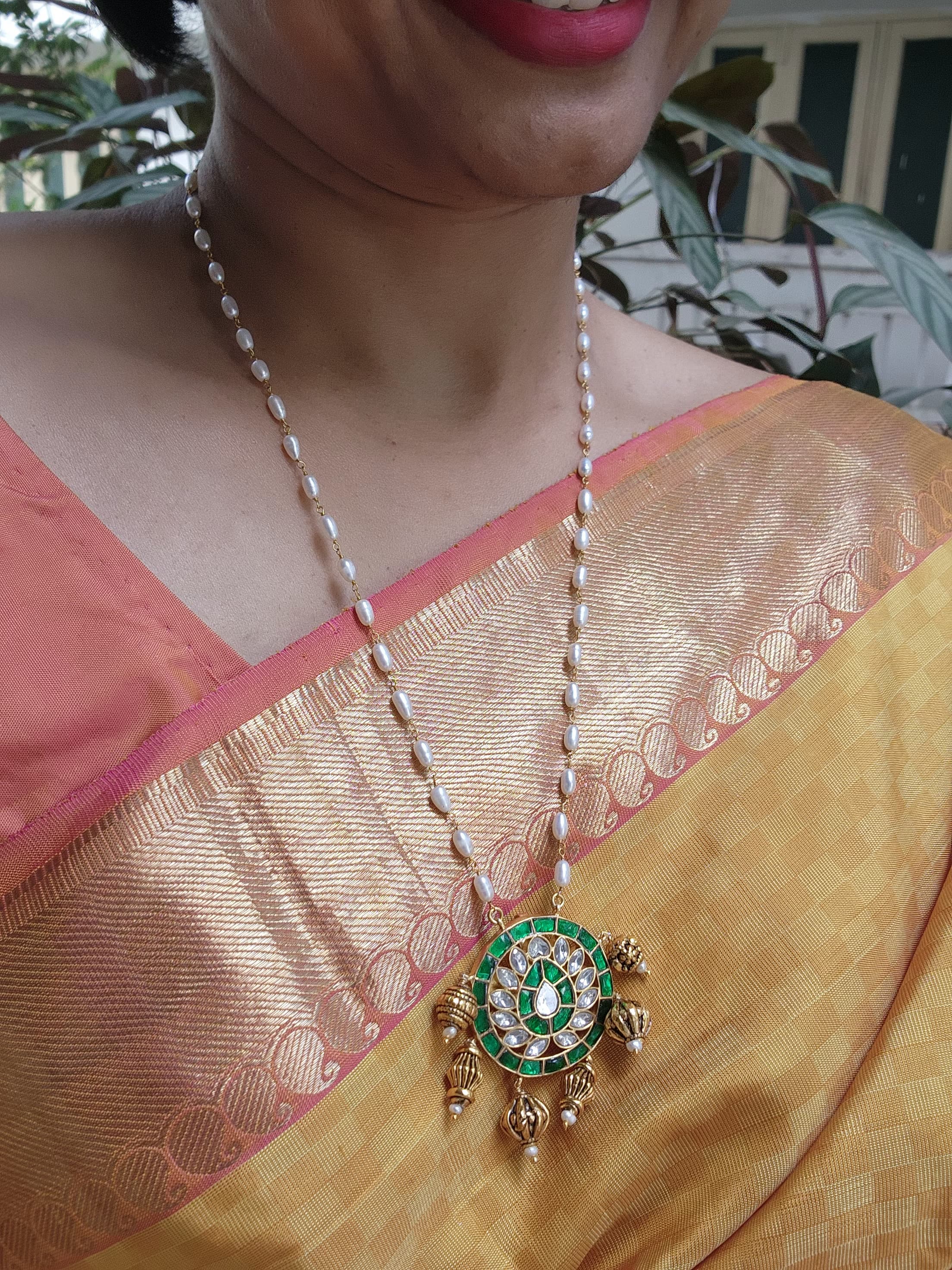 Kundan green pendant with rice pearls chain-Silver Neckpiece-PL-House of Taamara