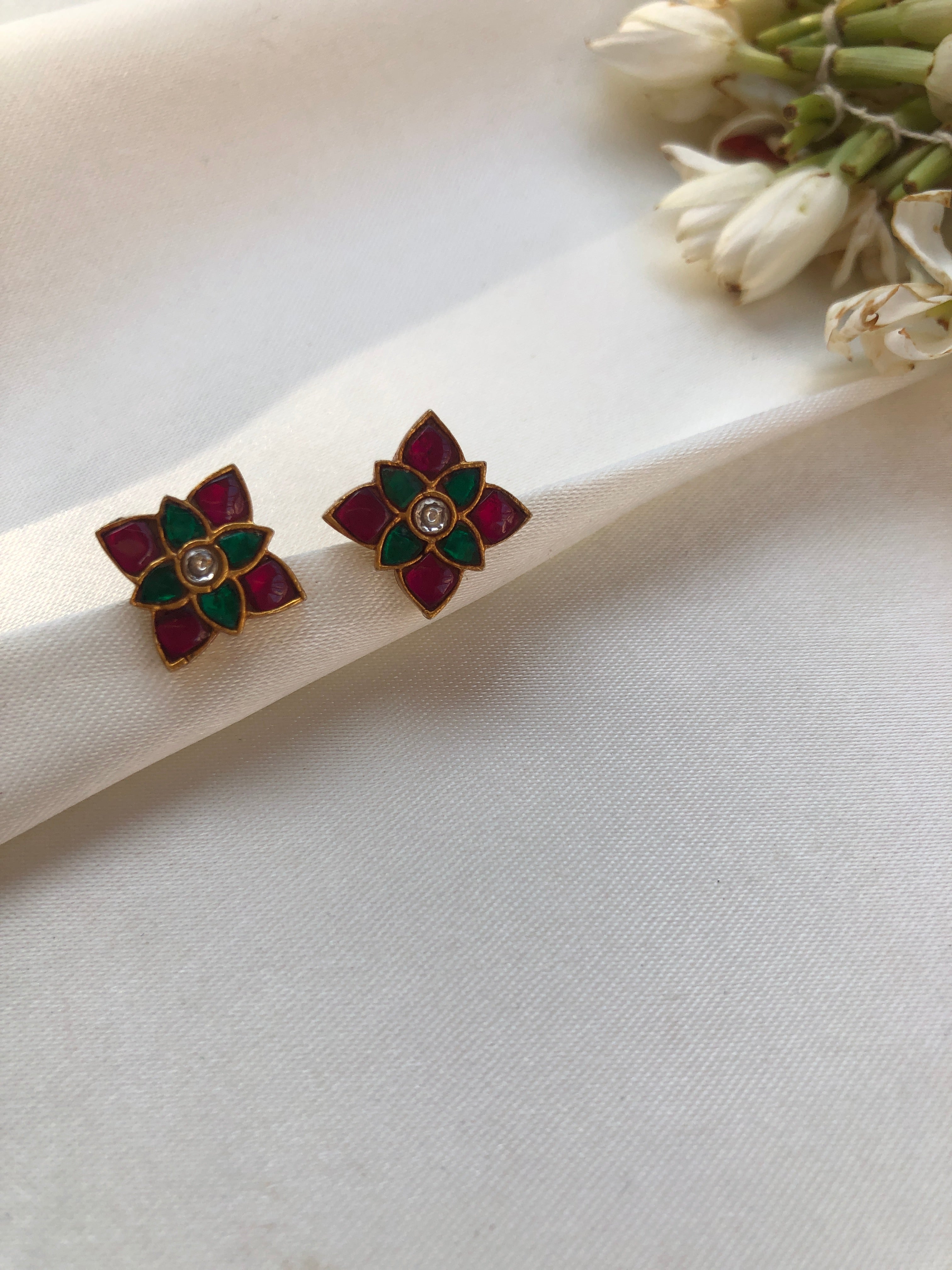 Kundan green & ruby studs-Earrings-PL-House of Taamara