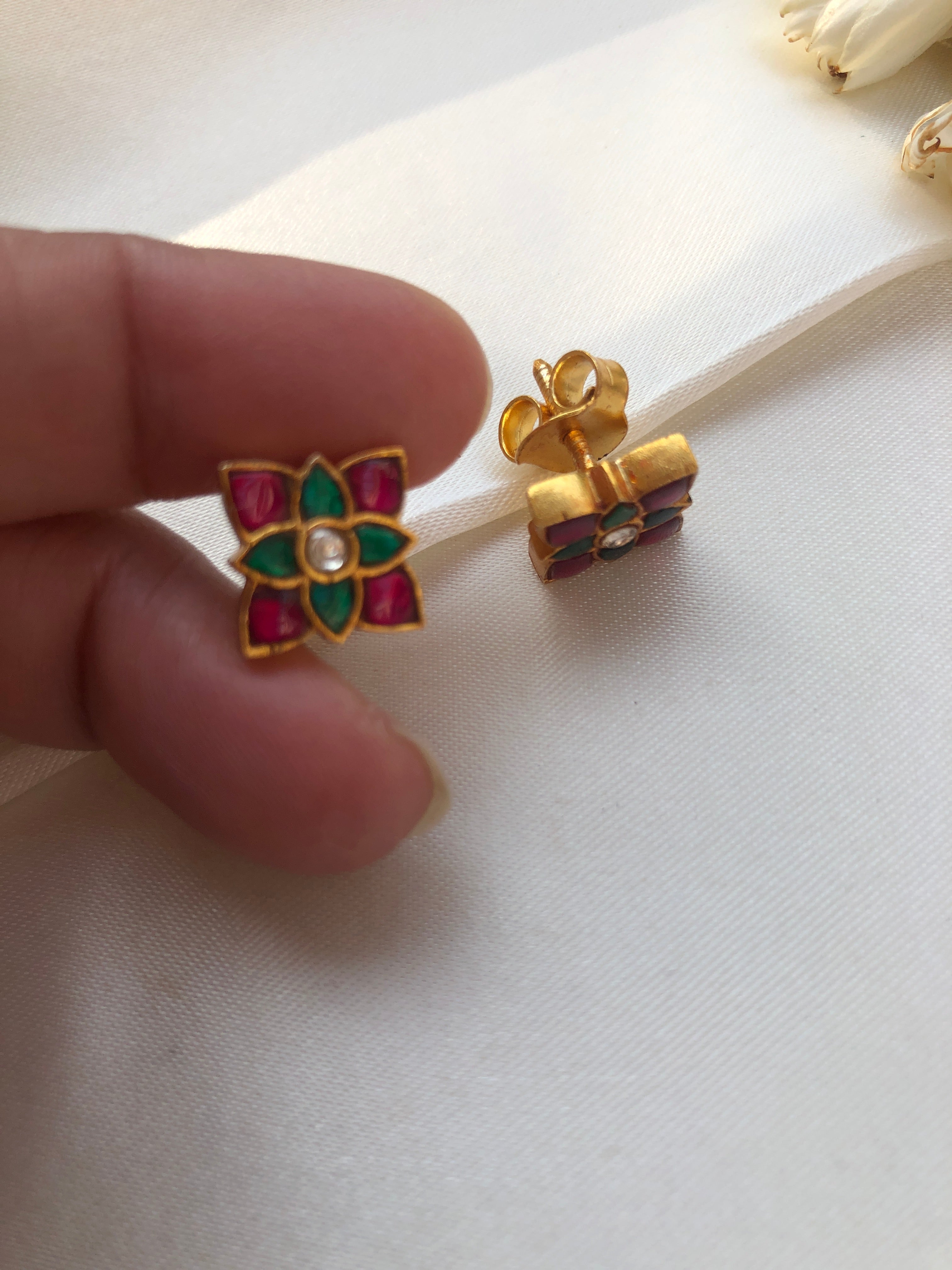 Kundan green & ruby studs-Earrings-PL-House of Taamara