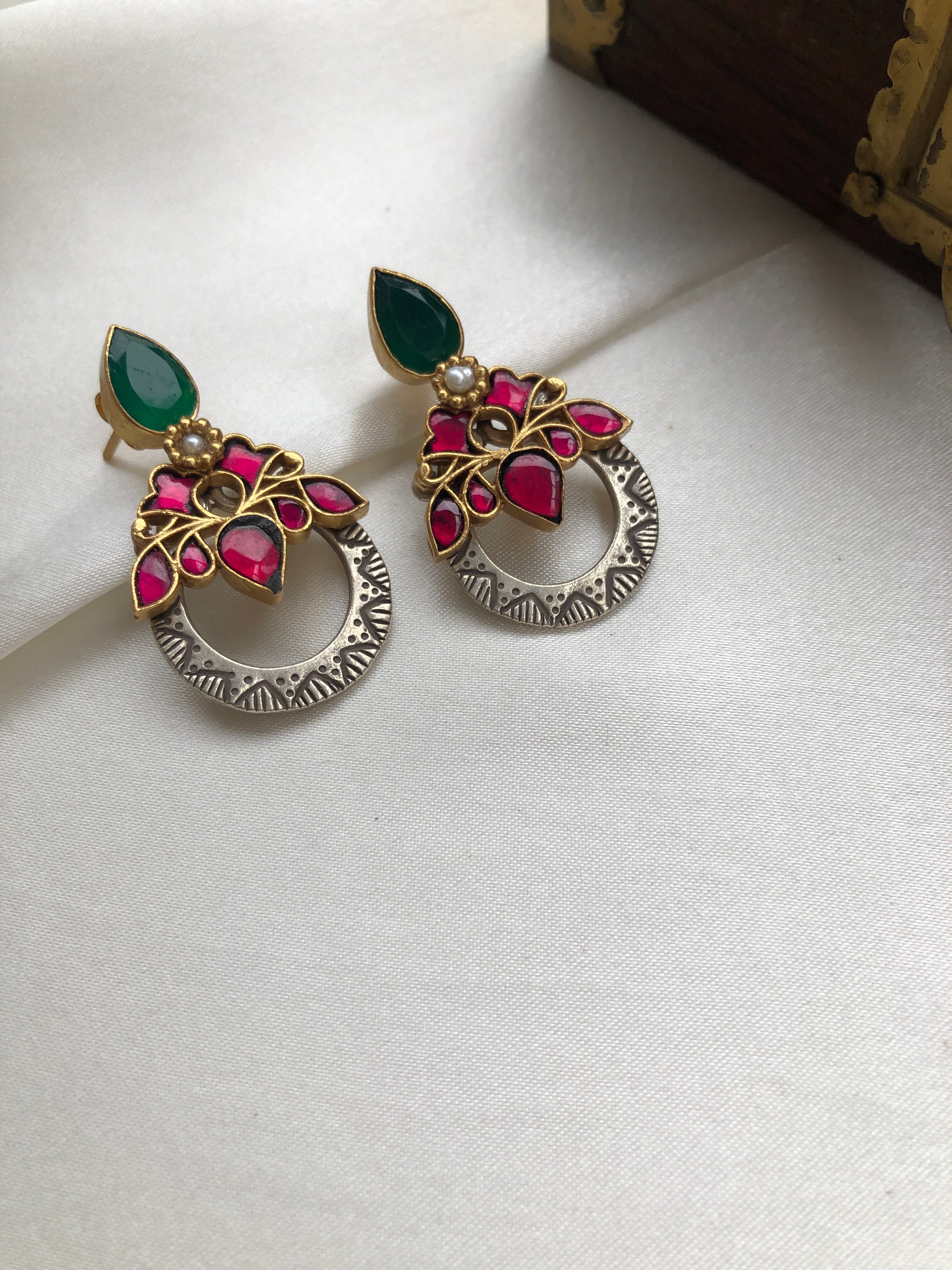 Kundan & green stone dual tone earrings-Earrings-PL-House of Taamara