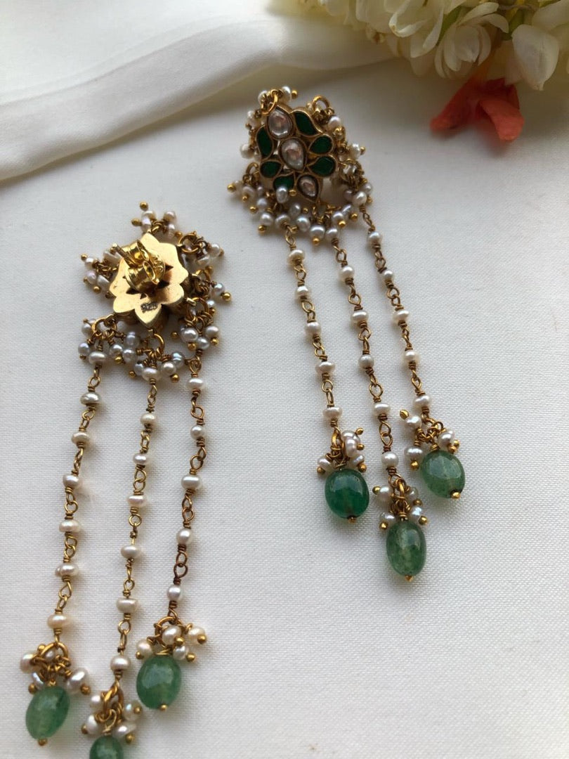 Kundan green with antique pearls hangings-Earrings-PL-House of Taamara
