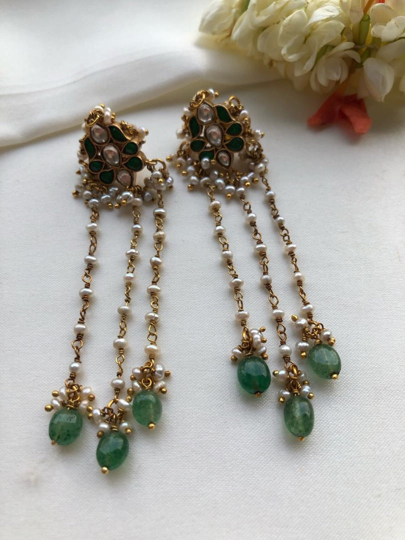 Kundan green with antique pearls hangings-Earrings-PL-House of Taamara