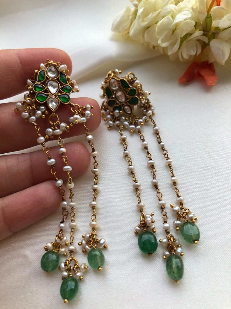 Kundan green with antique pearls hangings-Earrings-PL-House of Taamara