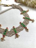 Kundan green with antique style pearls necklace (MADE TO ORDER)-Silver Neckpiece-PL-House of Taamara