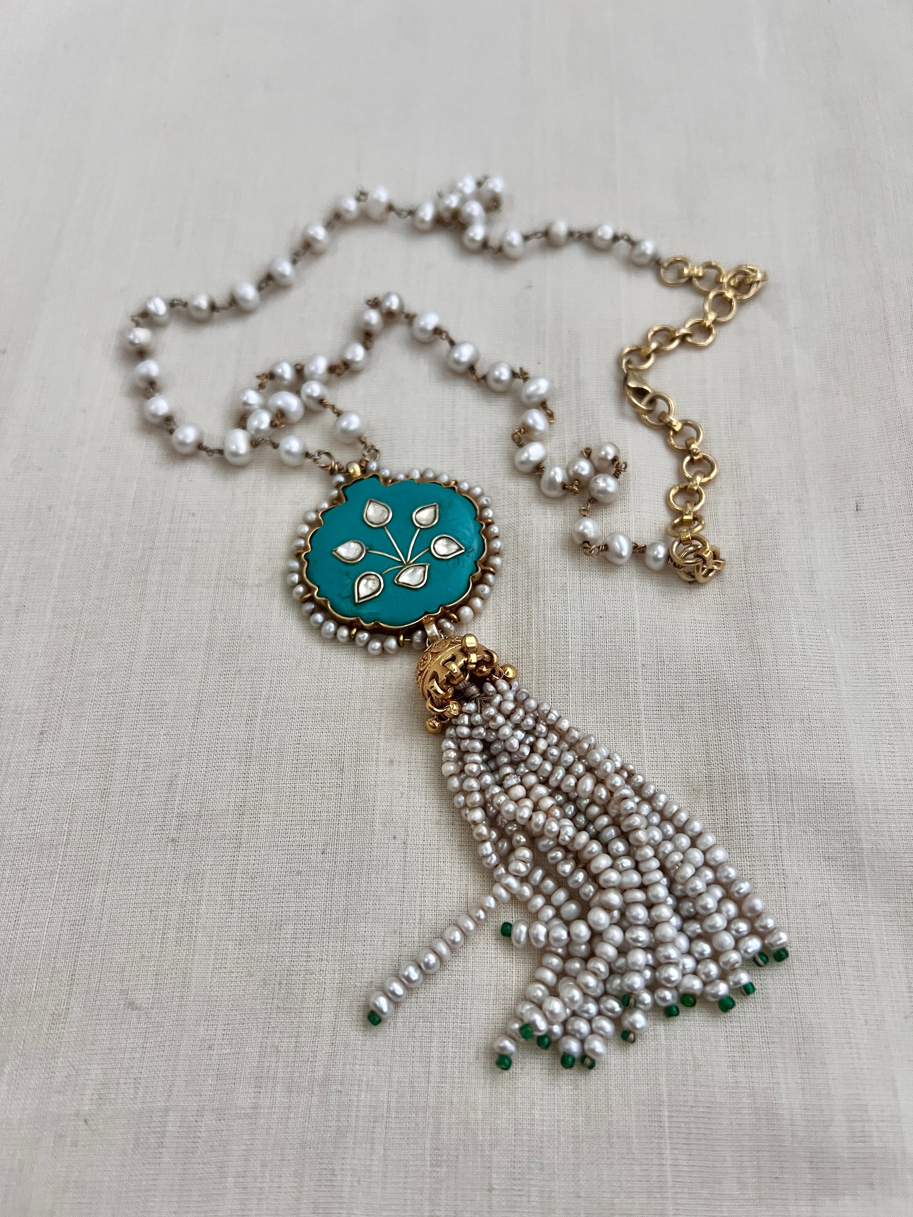 Kundan inlay work on turquoise stone with pearl chain & pearl bunch hanging pendant-Silver Neckpiece-CI-House of Taamara