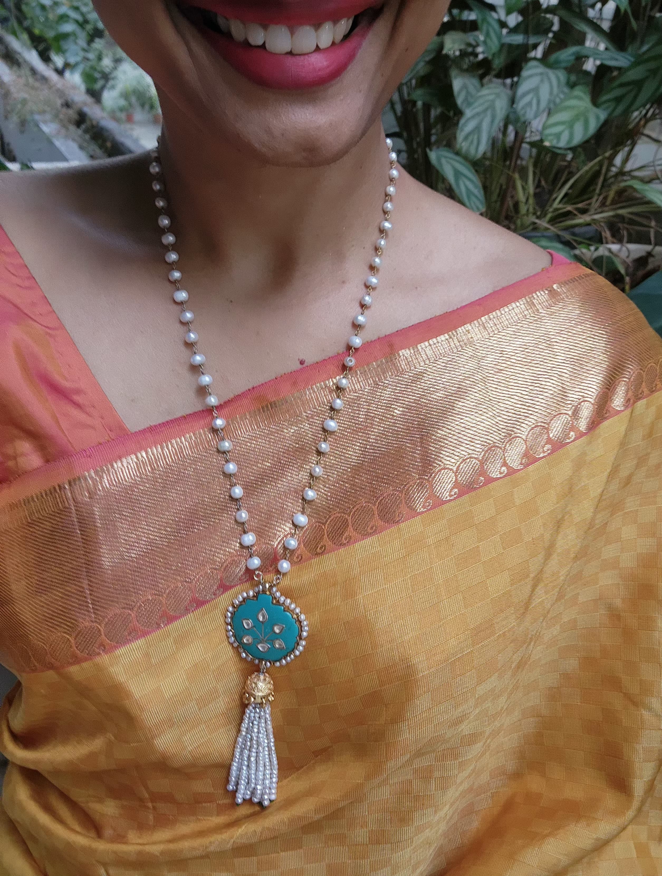 Kundan inlay work on turquoise stone with pearl chain & pearl bunch hanging pendant-Silver Neckpiece-CI-House of Taamara