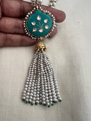 Kundan inlay work on turquoise stone with pearl chain & pearl bunch hanging pendant-Silver Neckpiece-CI-House of Taamara