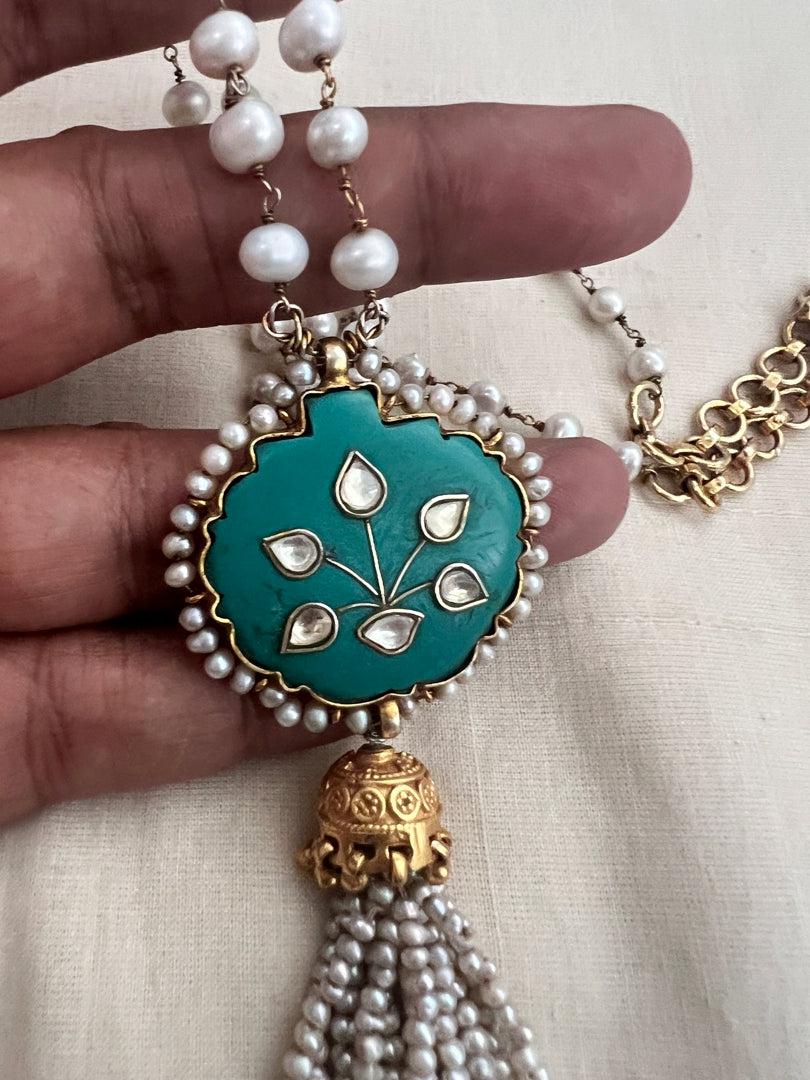 Kundan inlay work on turquoise stone with pearl chain & pearl bunch hanging pendant-Silver Neckpiece-CI-House of Taamara