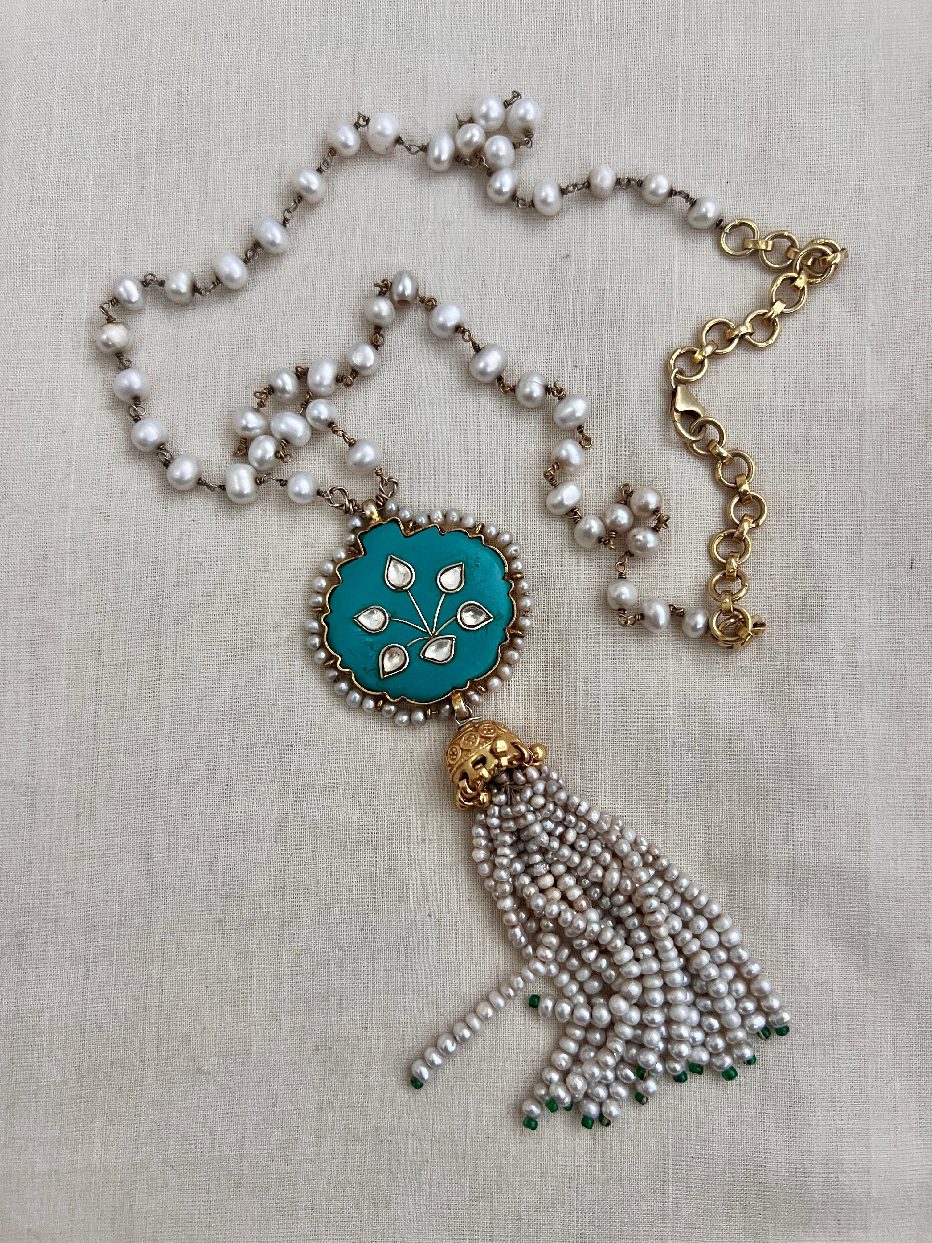 Kundan inlay work on turquoise stone with pearl chain & pearl bunch hanging pendant-Silver Neckpiece-CI-House of Taamara