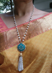 Kundan inlay work on turquoise stone with pearl chain & pearl bunch hanging pendant-Silver Neckpiece-CI-House of Taamara