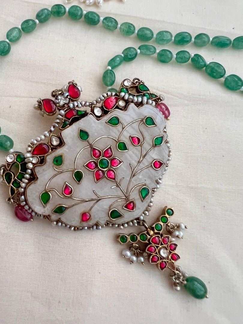 Kundan inlay work statement pendant with jade beads chain-Silver Neckpiece-CI-House of Taamara