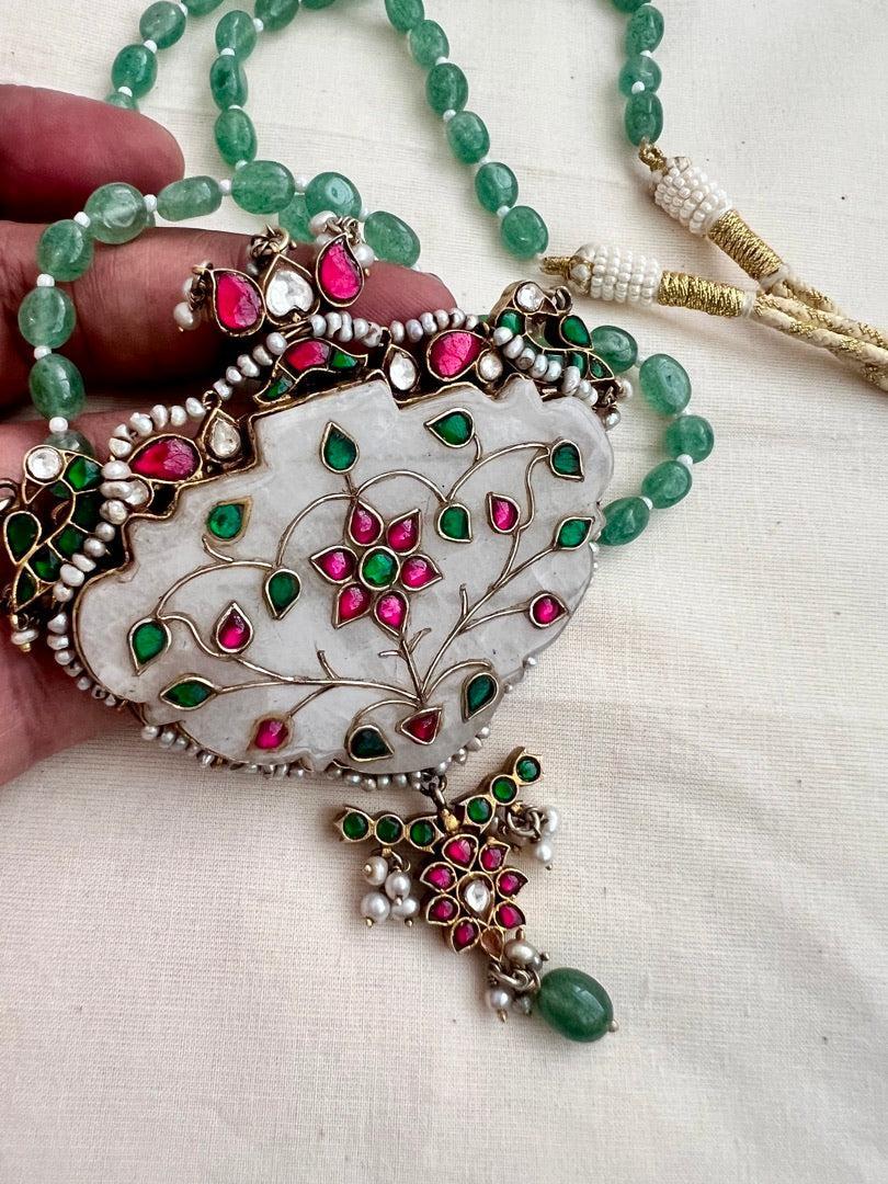 Kundan inlay work statement pendant with jade beads chain-Silver Neckpiece-CI-House of Taamara